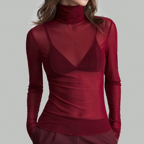 Burgundy  Wine Red Sexy Women's Elegant mesh turtlenck Top - Picture 1 of 8
